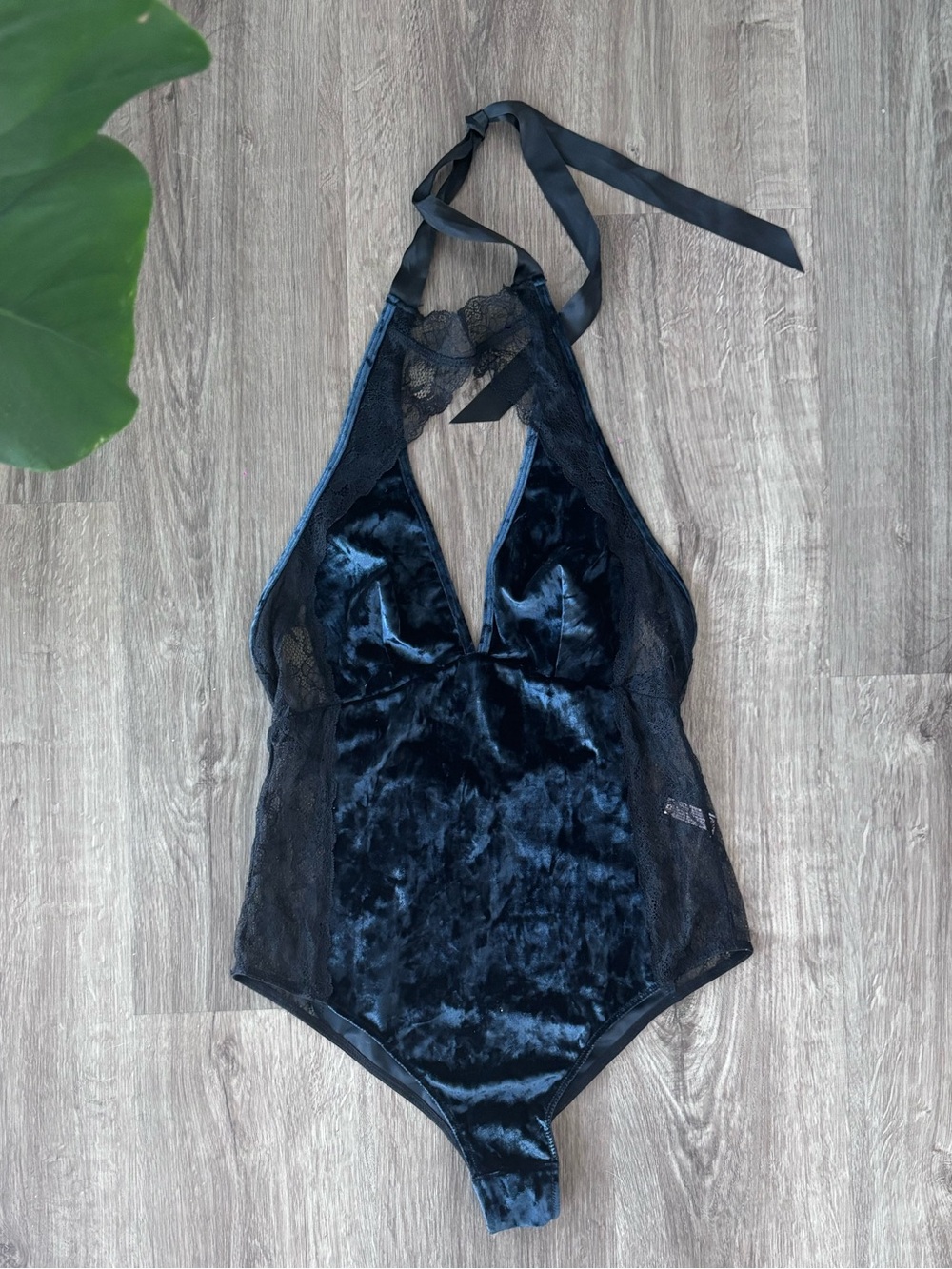Velvet Halter One-Piece BodySuit in Navy/Black